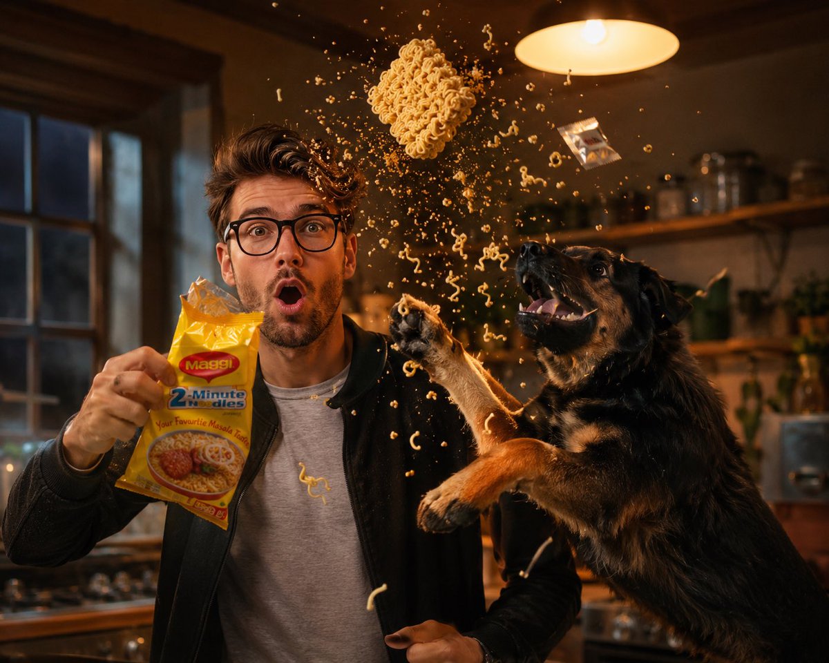 Man accidentally explodes ramen packet in shock as dog leaps