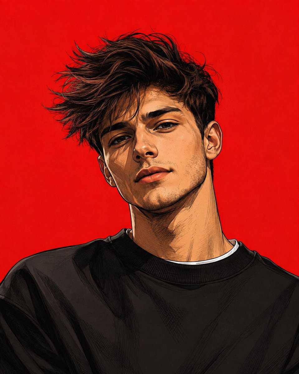 Man in black sweatshirt stares down, crimson backdrop framing bold portrait