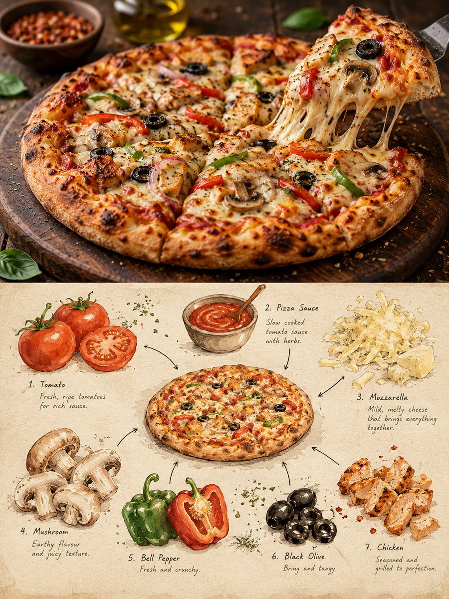Editorial food poster splits photo and sketchbook for a local dish