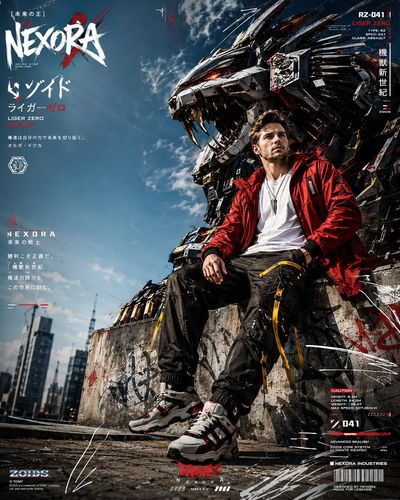 A futuristic fashion model sits on a sunlit rooftop ledge