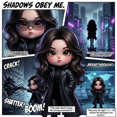 A cute chibi girl commands dark power in a neon cyberpunk city