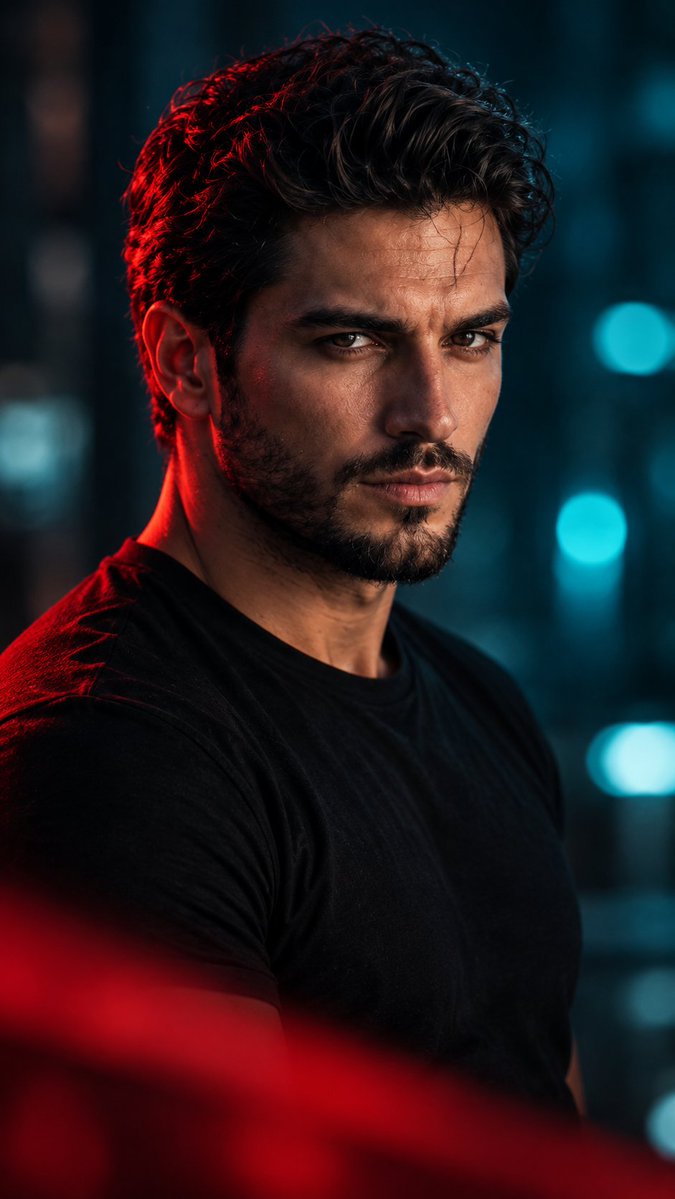 Intense portrait of a bearded man with red rim lighting
