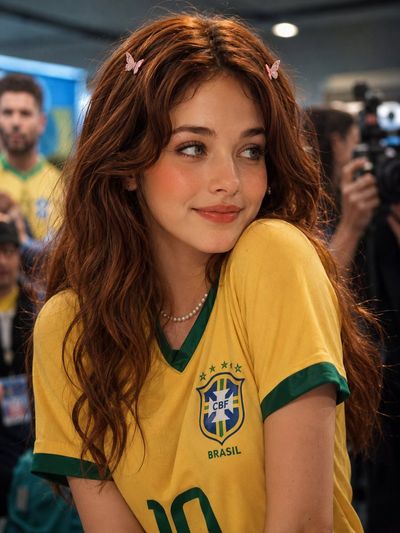 Young woman in Brazil jersey smiles shyly at lively event