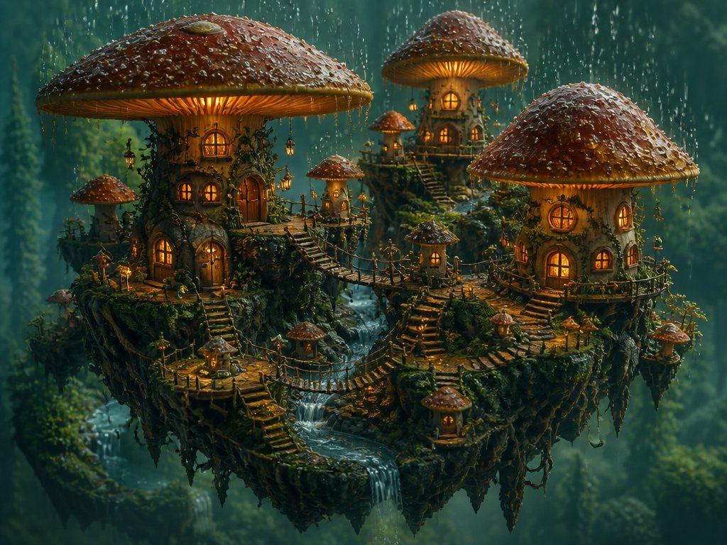 A serene isometric floating island blooms under a golden sunset sky