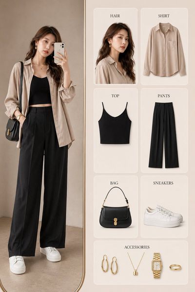 A minimalist fashion guide displays a woman's mirror selfie and outfit cards