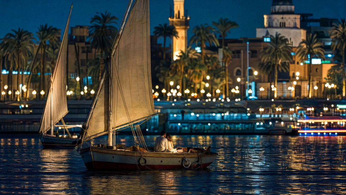 A felucca glides past a couple beneath glowing palm trees at night.