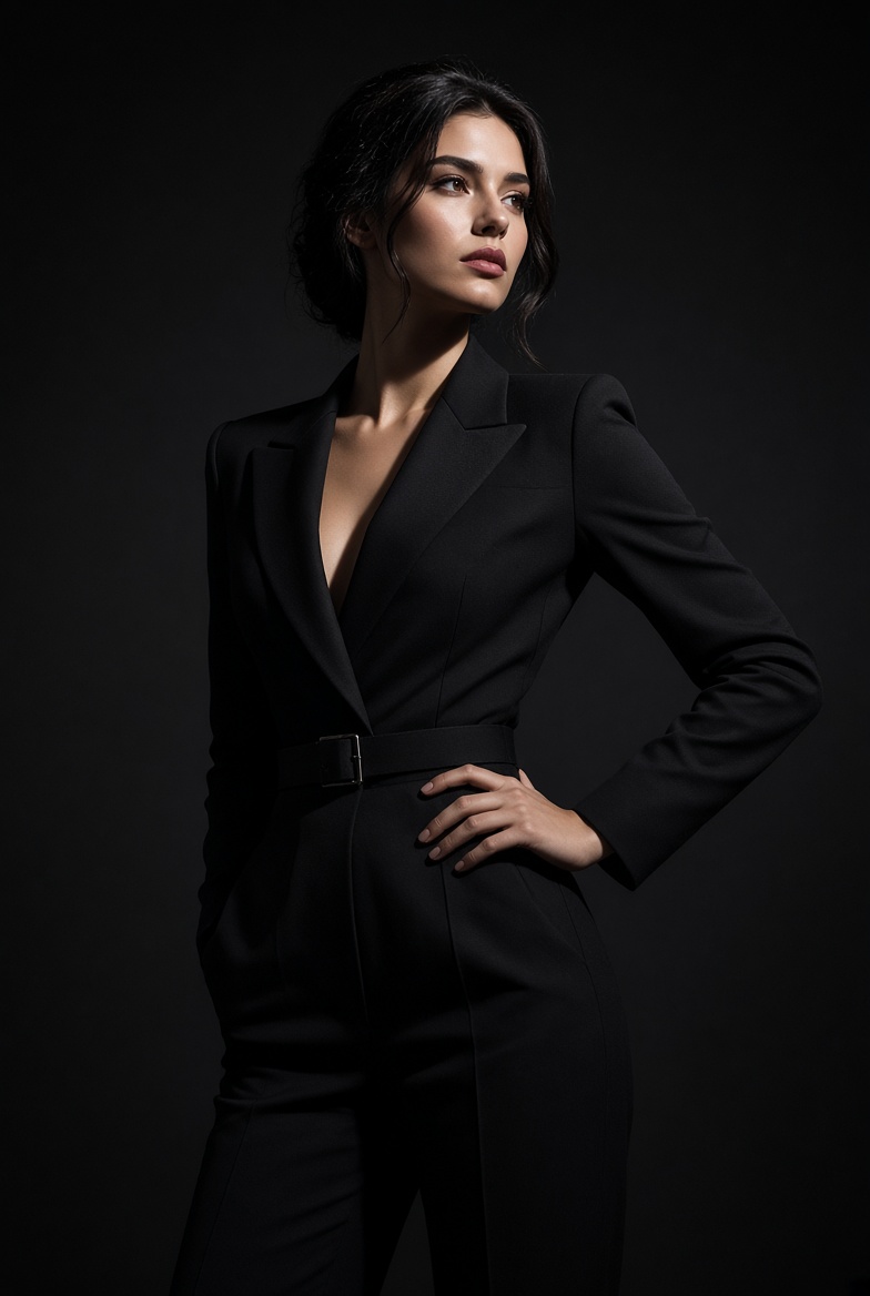 Confident Woman in Black Jumpsuit Poses Dramatically in Studio Light