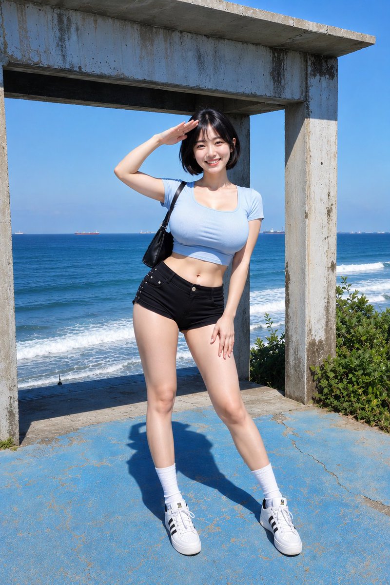 Young woman salutes the bright ocean under a concrete arch