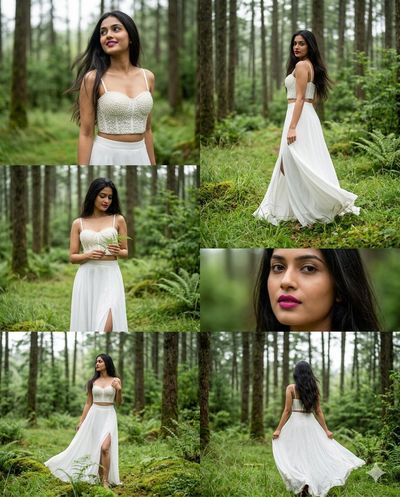 An Indian woman in pearl corset poses in lush forest light.