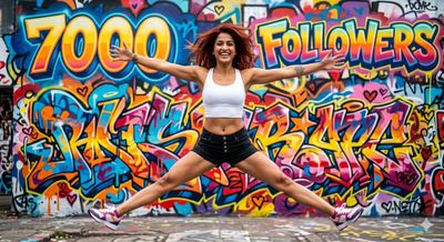 Fitness enthusiast leaps joyfully before a vibrant graffiti wall