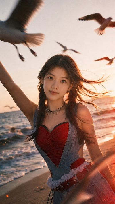 A woman poses by the ocean with windblown hair and seagulls