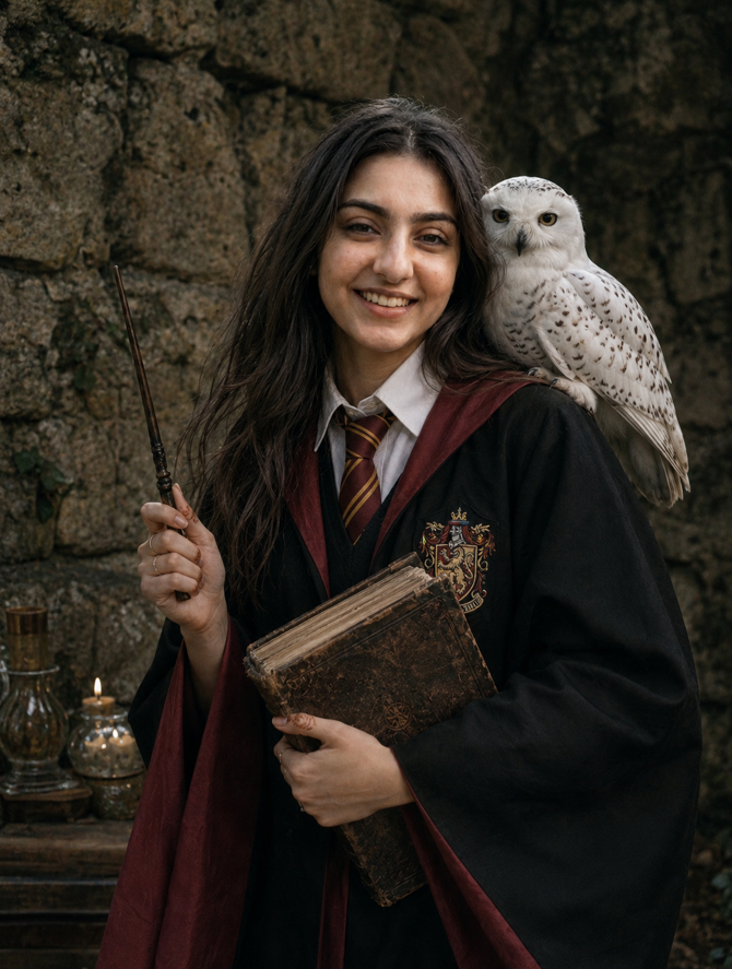 A young witch cradles an ancient spellbook by a stone wall