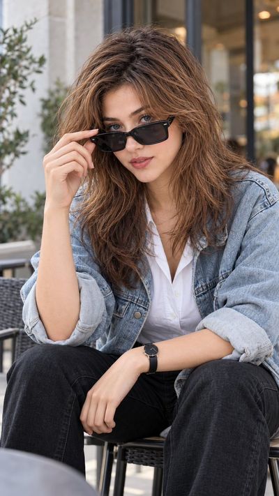Woman adjusting sunglasses in oversized denim jacket at outdoor café