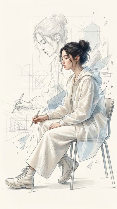 Young artist in white with translucent mac draws beside her ghostly sketch