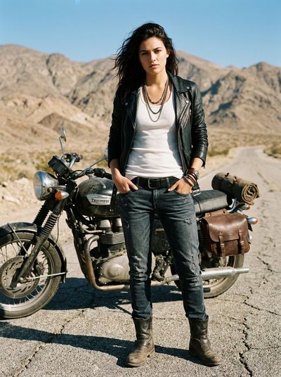 Fierce woman in ripped jeans poses beside desert motorcycle under bright sun