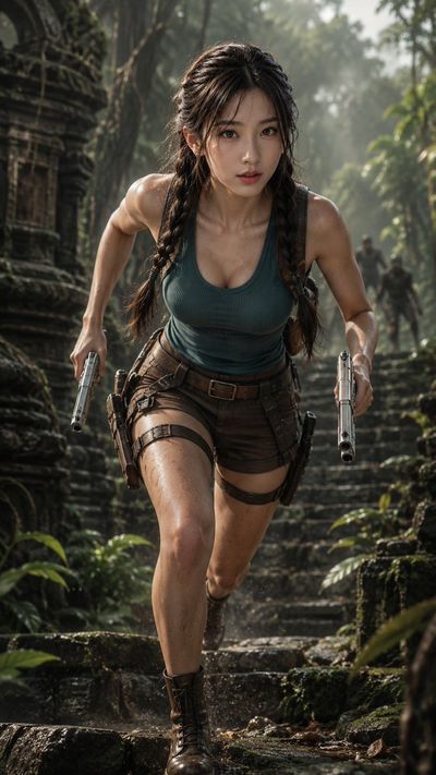 A fearless explorer sprints down ancient mossy temple steps
