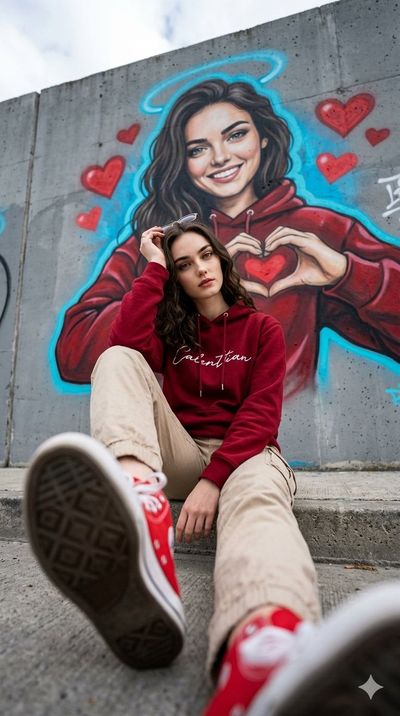 Urban Portrait with Vibrant Graffiti Mural and Dramatic Perspective