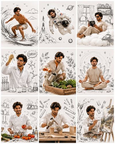 A mature man appears in nine dream jobs with ink doodles