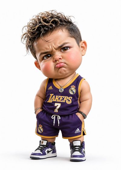 A grumpy chibi baby athlete pouts with hands in pockets