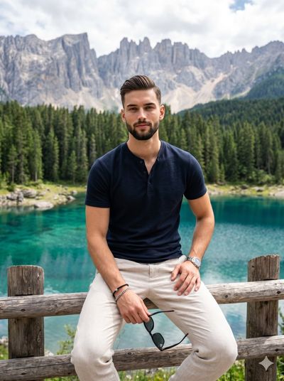 Young man in navy henley sits on weathered fence overlooking turquoise lake