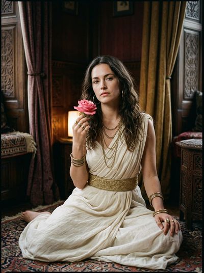 Graceful Figure in Dark Room Holds Pink Rose Gently