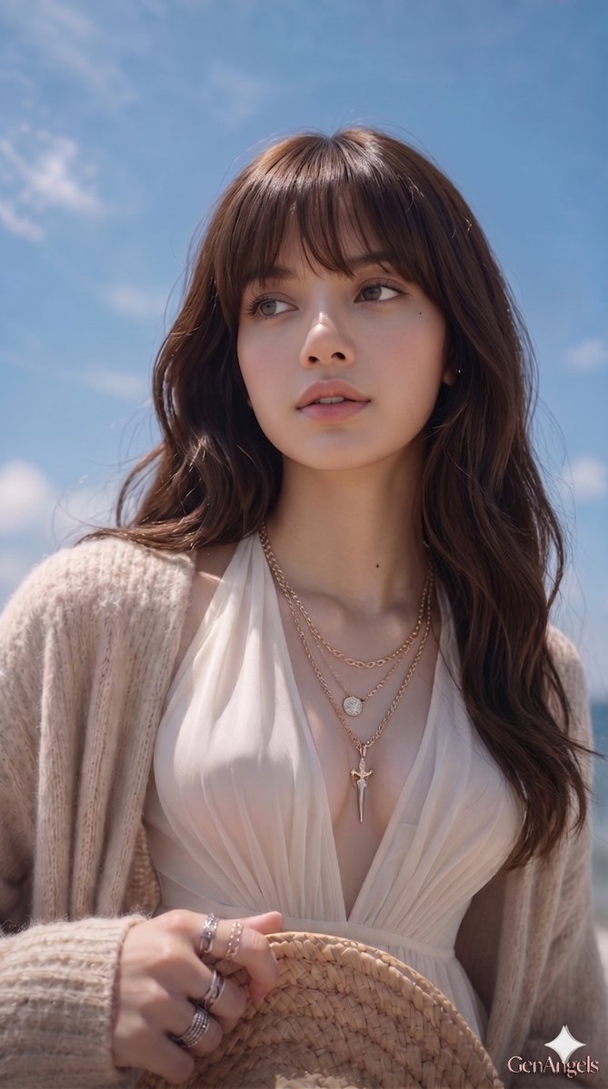 A sunlit woman in a ruffled dress gazes at the ocean horizon