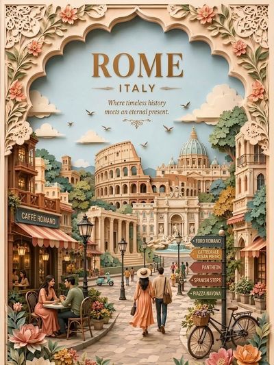 Layered paper arch frames Rome's skyline with vintage floral details