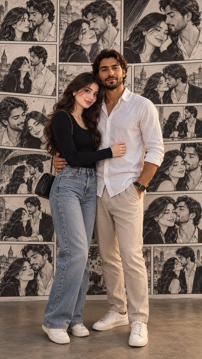 Romantic couple stands before comic wall in cinematic portrait