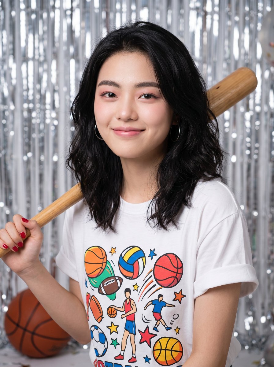 Smiling Woman Poses With Baseball Bat and Basketball in Studio