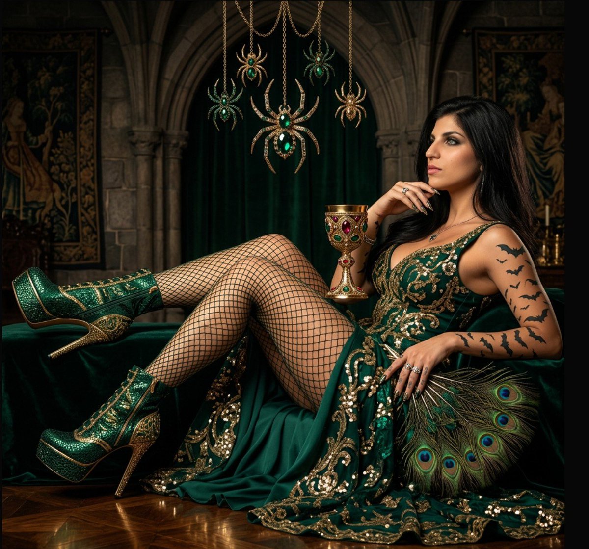 Gothic Queen in Emerald Gown Sits on Velvet Couch
