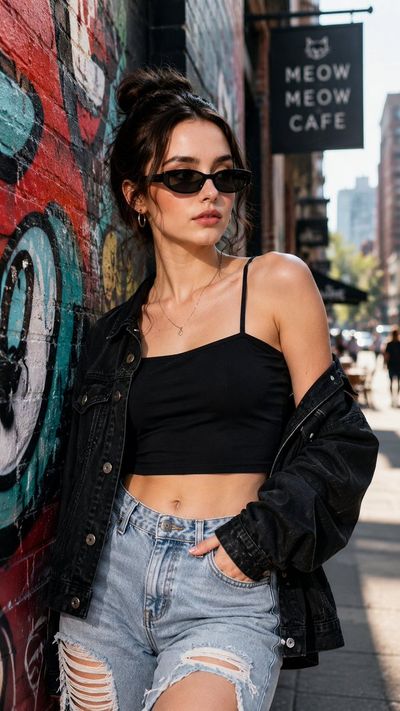 Young woman in ripped jeans poses by graffiti-covered alley wall