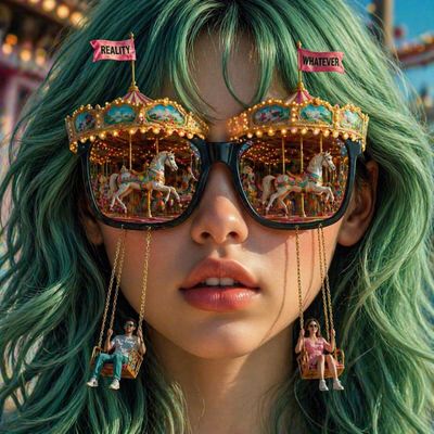 Mint-Haired Visionary with Carnival Worlds in Sunglasses