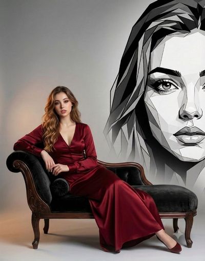 Woman in burgundy gown poses before her geometric mural portrait.