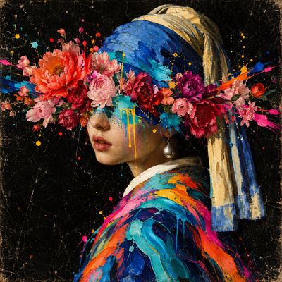 Floral Explosion Obscures Eyes in Surreal Girl with Pearl Earring Portrait