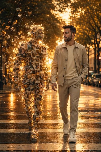 A man walks with a glowing memory figure at golden hour.