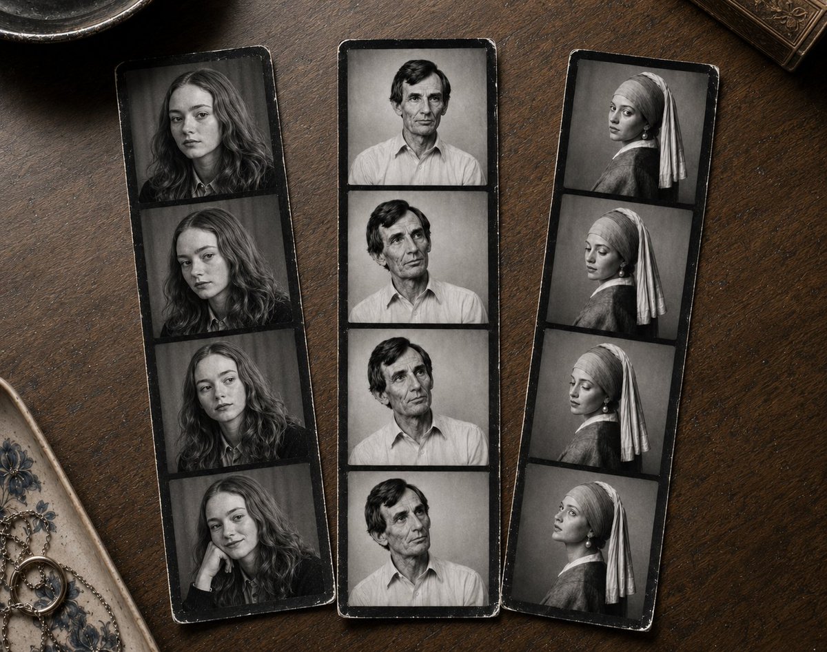 Vintage photobooth strips of a woman on aged wood desk