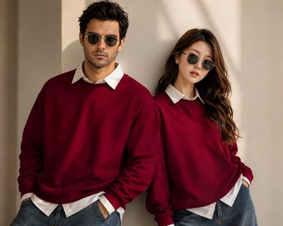 Young couple stands in beige luxury interior wearing deep red sweatshirts