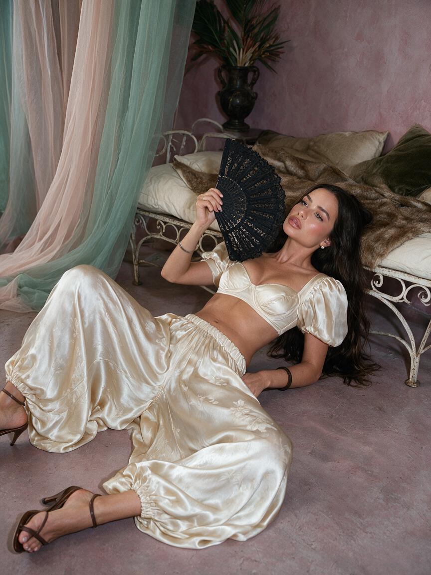 Bohemian Woman Reclines on Dusty-Rose Floor in Soft Daylight