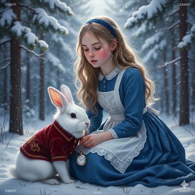 Winter Kneeling Girl and the Velvet-Clad White Rabbit
