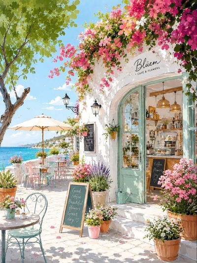 Enchanting Mediterranean Café Immersed in Blossoms and Light