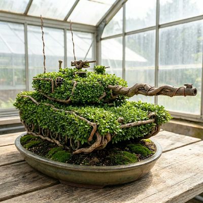 Miniature War Machine Transformed Into Bonsai Topiary