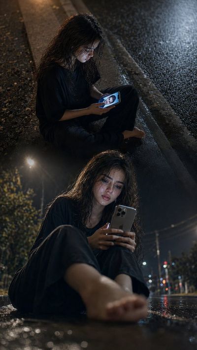 A heartbroken woman sits on a rain-soaked street at night