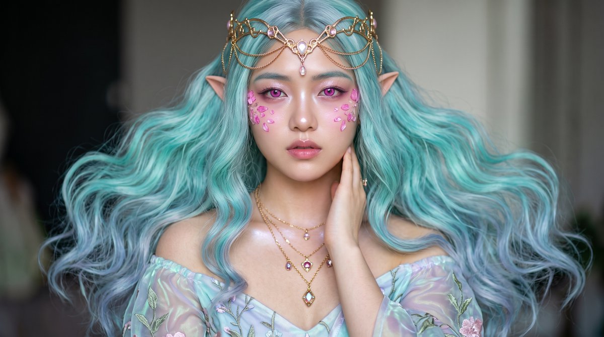 Seafoam-Haired Elf Maiden Poses Amidst Enchanted Forest Twilight