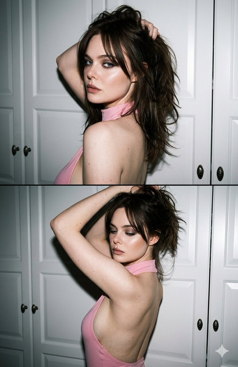 Woman with dark hair looks back in pink bodysuit under flash
