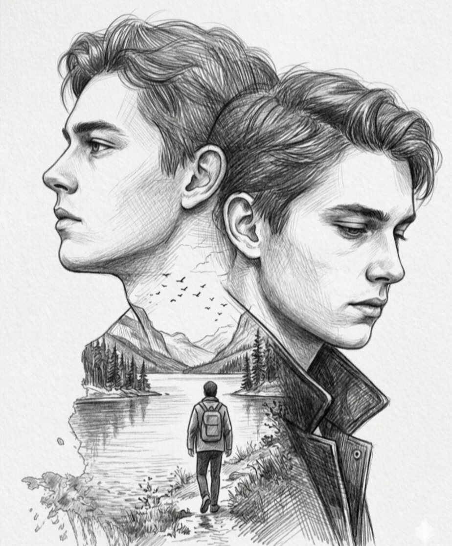 Young man's dual profiles merge with serene lake landscape sketch