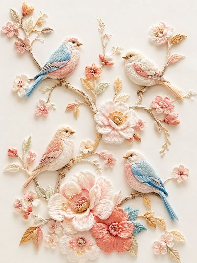 Delicate Embroidered Birds on Blossoming Branches