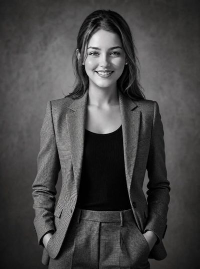 Confident woman in patterned blazer poses in black and white studio portrait