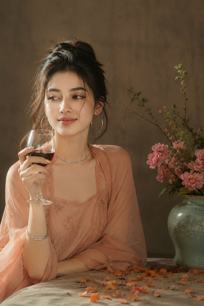 Young woman in peach dress holds wine beside antique green jar