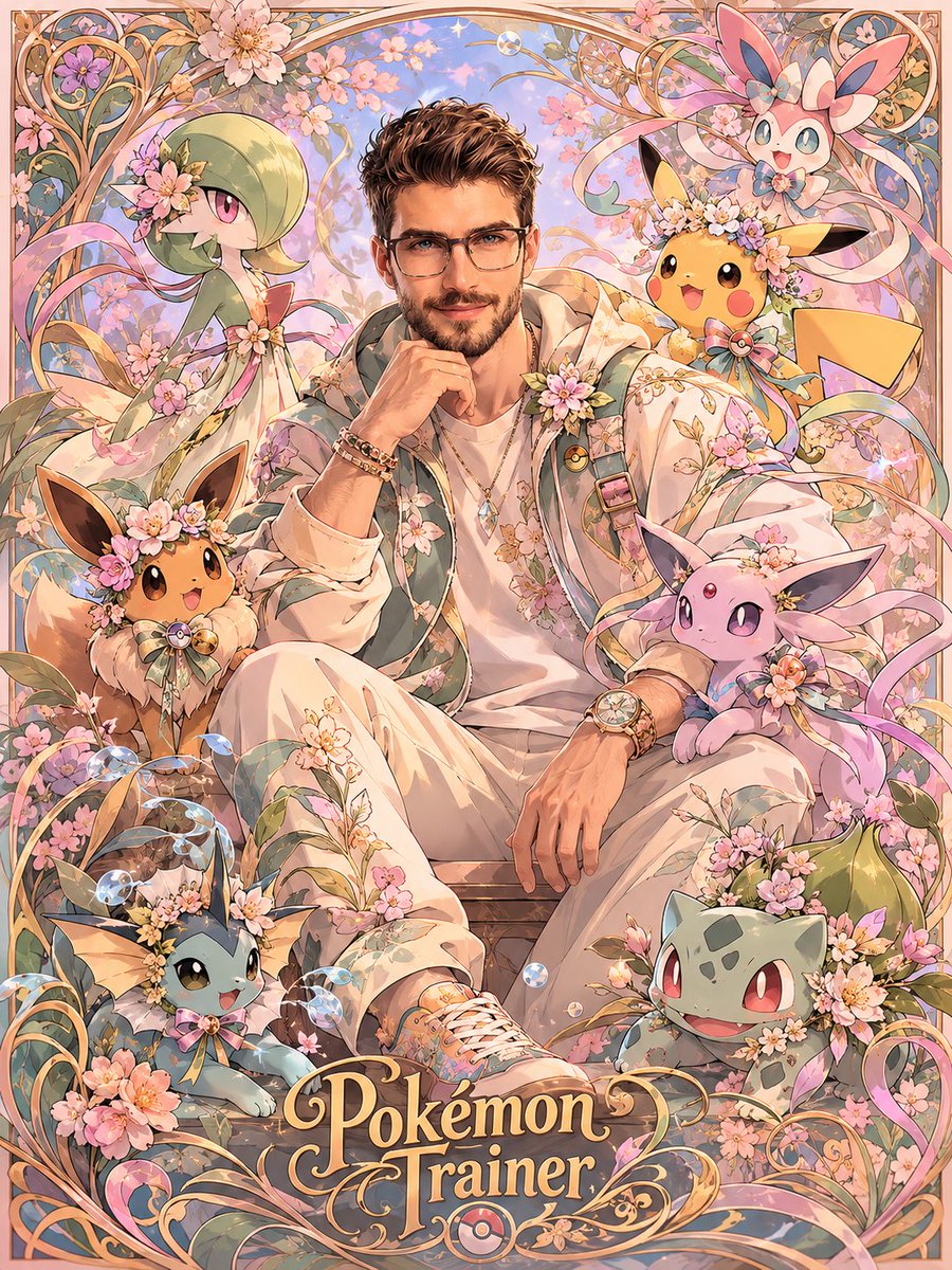 Whimsical Pokémon Trainer in Art Nouveau