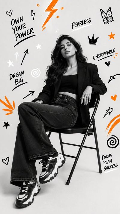 Confident model in black blazer poses with graffiti elements